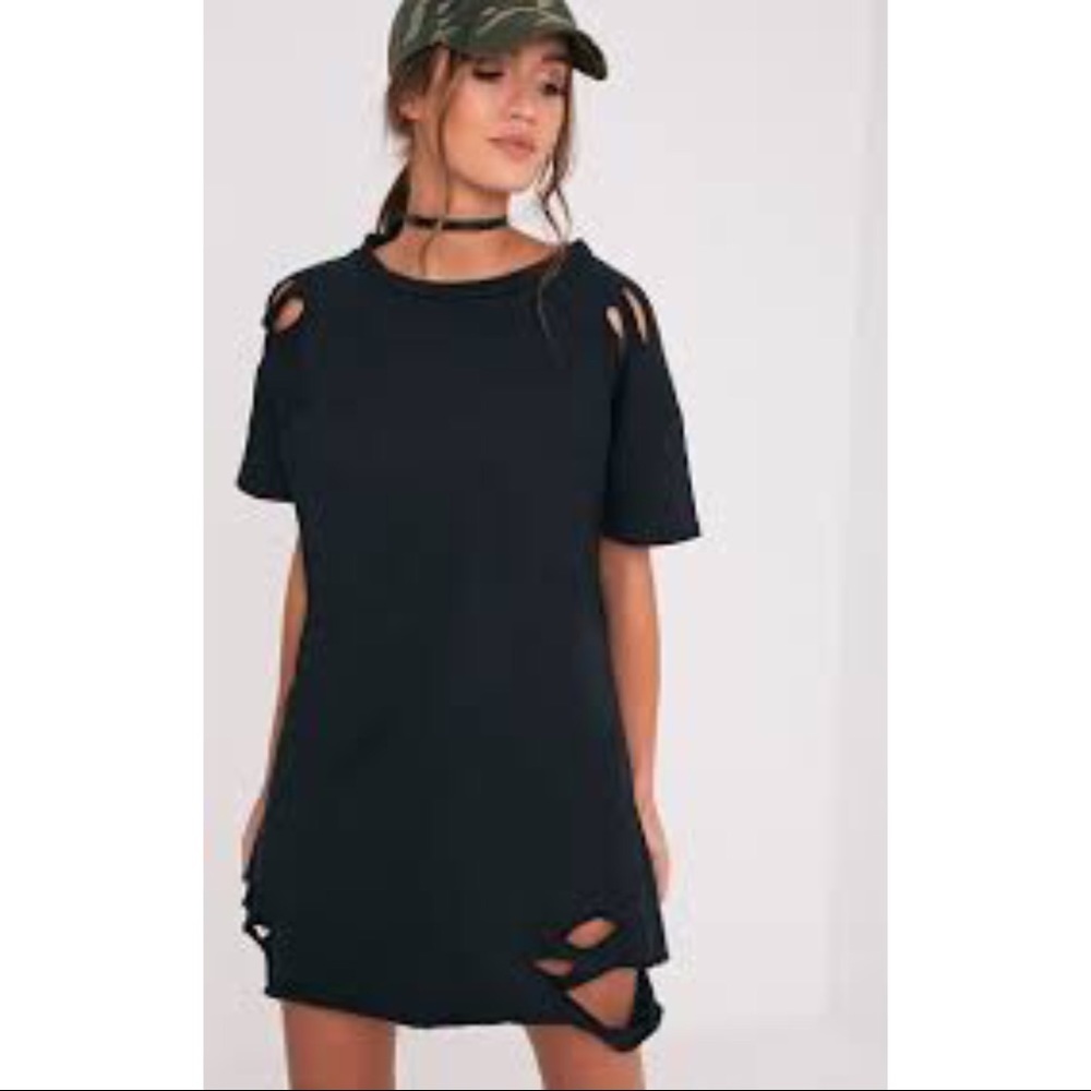 Black Distressed Short Sleeve T Shirt Dress